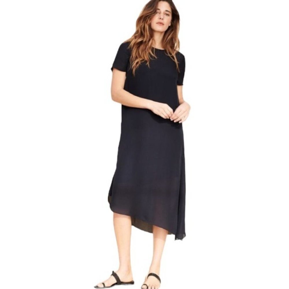 Jenni Kayne Silk Side Tie Asymmetric Midi Dress Navy S